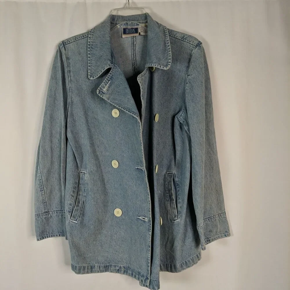 Bill Blass Light Denim Double Breasted Jacket Pea Coat Women Size Medium Vintage